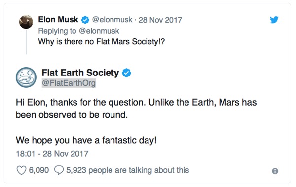 Elon Musk responds to Flat Earth Society